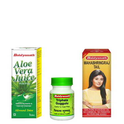 Baidyanath Haircare Combo - Mahabhringraj Oil 200ml | Triphala Gugglu 80 Tablets | Aloe Vera Juice 1 litre