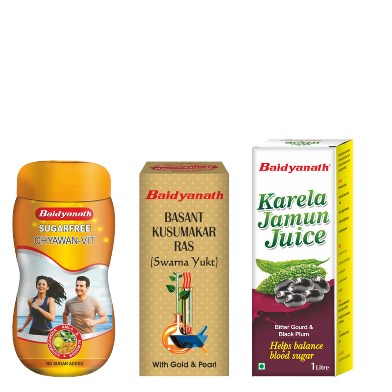 Baidyanath Diabetes Care Combo - Karela Jamun Juice 1 litre | Basant Kusumakar Ras Tab 25 | Chyawan Vit 1kg